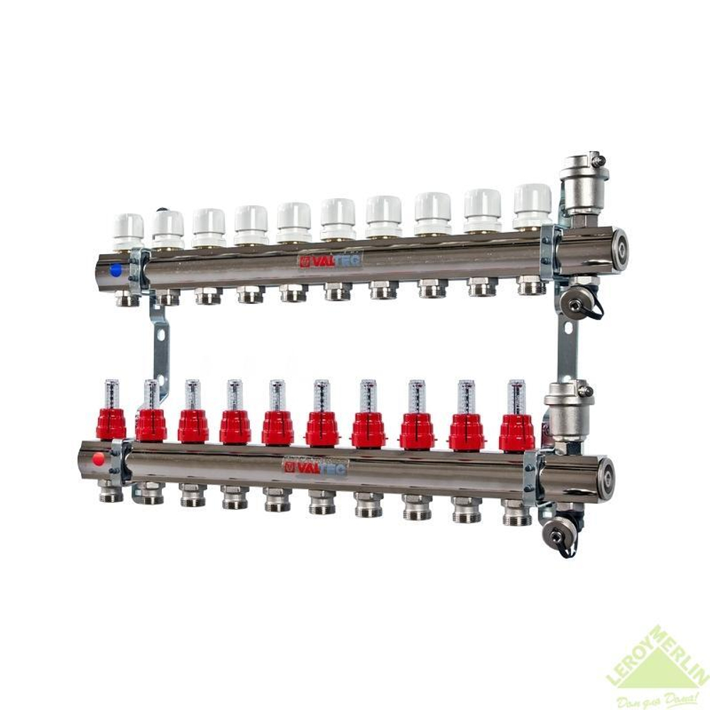 Коллекторная группа VALTEC со встроен. расходомерами, в сборе, 1"х10вых. Евроконус 3/4