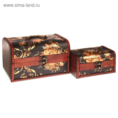 Шкатулка дерево сундучок "Золотые цветы на чёрном" набор 2 шт 8,5х15,5х10,5 12х19,5х14,5см
