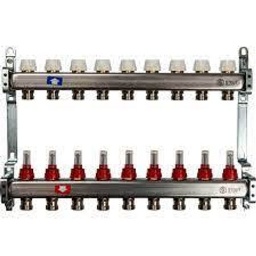 Коллекторная группа STOUT нерж. со встроен. расходомерами, в сборе, 1"х10вых. Евроконус 3/4