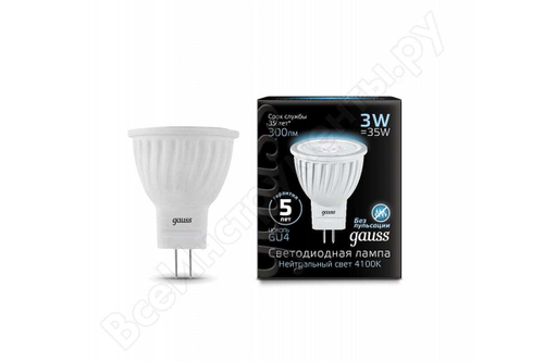 Лампа Gauss LED MR11 3Вт SMD AC220-240V GU4 4100K