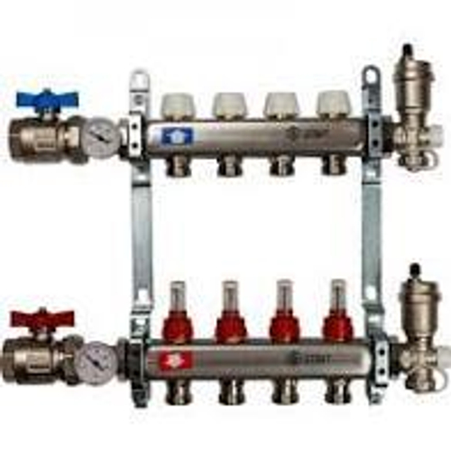 Коллекторная группа STOUT нерж. со встроен. расходомерами, в сборе, 1"х4вых. Евроконус 3/4